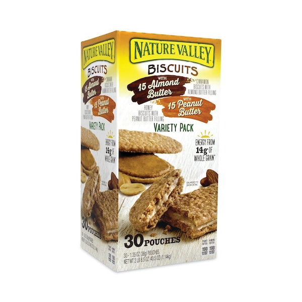 Nature Valley Biscuits, Cinnamon with Almond ButterHoney with Peanut Butter, 135 oz Pouch, PK30, 30PK 46827